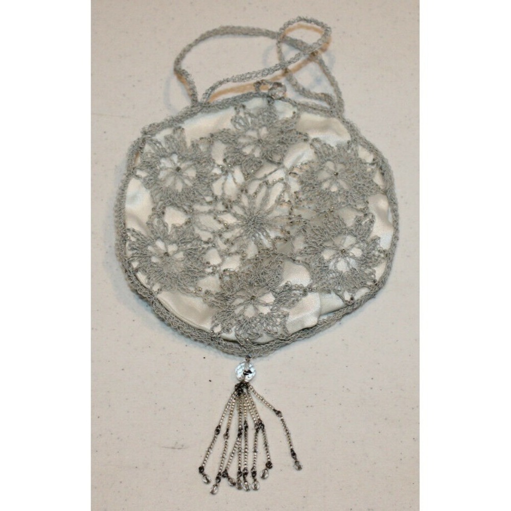 Lisa Toland round crocheted metal beaded evening bag purse gray & ivory romantic